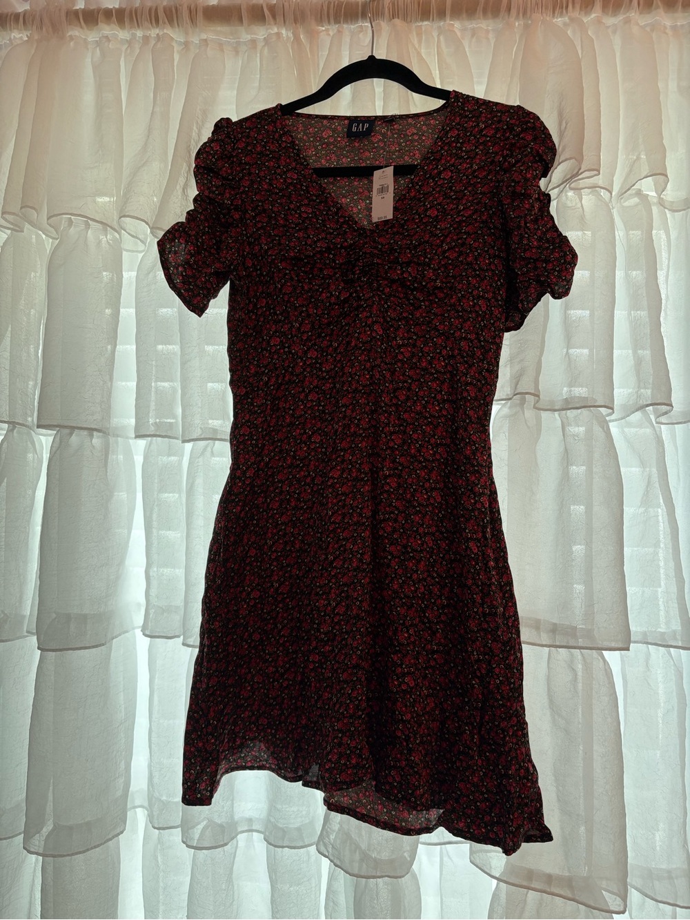 GAP Burgundy Floral Ruffle-Trim Mini Dress